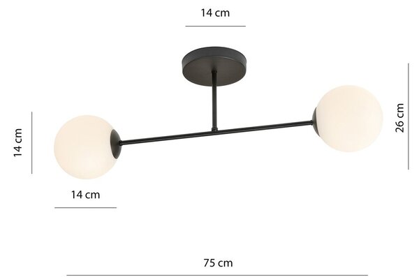 Stropní svítidlo ROMA 2 – černé, opálové sklo, 2× E14, šířka 75 cm