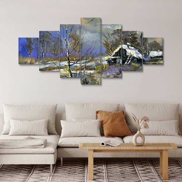 Obraz chaloupky v zimní krajině, olejomalba (210x100 cm)