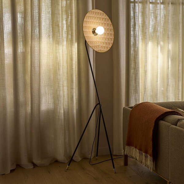 MARKET SET Stojací lampa Gatsby, myra, trojnožka, Ø 50 cm, E27, Krémová / jantar, Obývací pokoj / jídelna, Textil / tkanina / hedvábí, Design