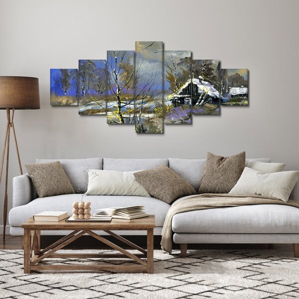 Obraz chaloupky v zimní krajině, olejomalba (210x100 cm)