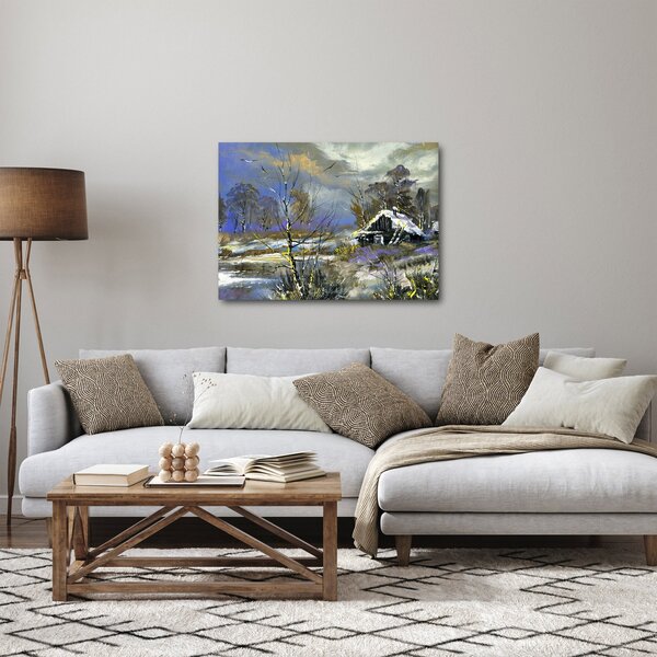 Obraz chaloupky v zimní krajině, olejomalba (70x50 cm)