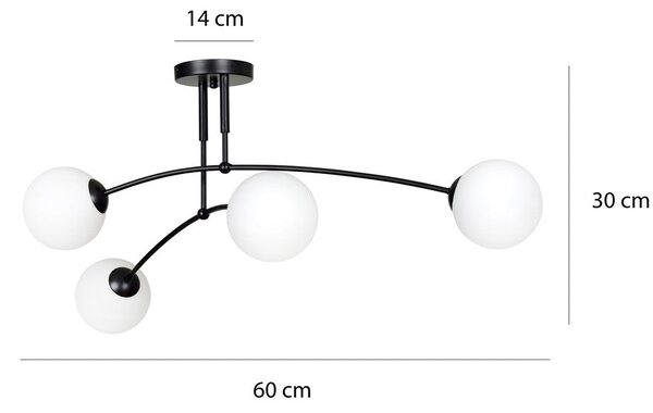 Stropní svítidlo PREGOS 4 – černé, bílé sklo, 4× E14, šířka 60 cm