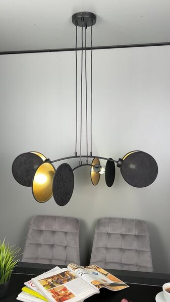 Závěsné svítidlo MOTIF 4 – černé, zlatá textilní stínidla, 4× E27, šířka 70 cm