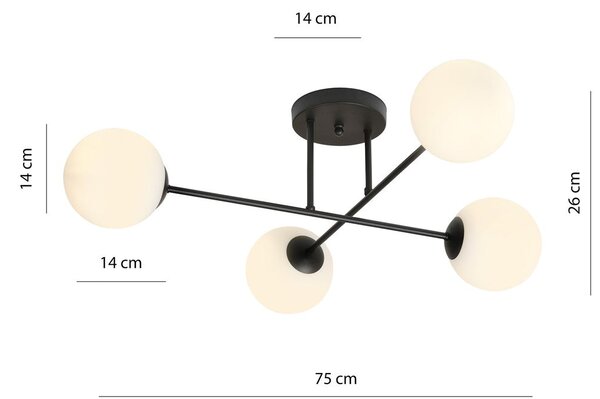 Stropní svítidlo ROMA 4 – černé, opálové sklo, 4× E14, šířka 75 cm