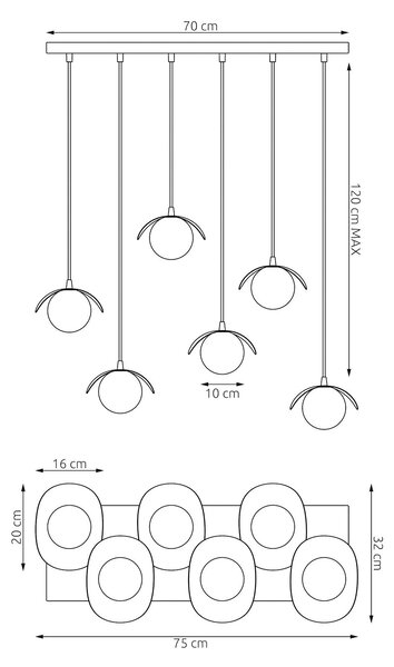 Závěsné svítidlo RITUAL 6 – celobílé, sklo, 6× G9, šířka 75 cm