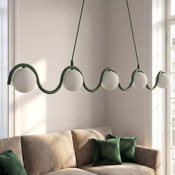 Závěsné svítidlo SINUS 5 – olivově zelené, bílé sklo, 5× G9, šířka 110 cm