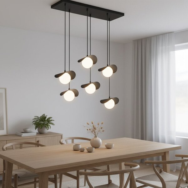 Závěsné svítidlo RITUAL 6 – černé, bílé sklo, 6× G9, šířka 75 cm