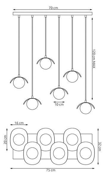 Závěsné svítidlo RITUAL 6 – celobílé, sklo, 6× G9, šířka 75 cm