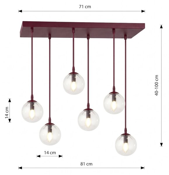 Závěsné svítidlo COSMO 6 – vínové, čiré sklo, 6× E14, šířka 81 cm