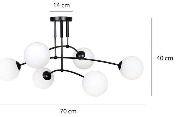 Stropní svítidlo PREGOS 6 – černé, bílé sklo, 6× E14, šířka 70 cm