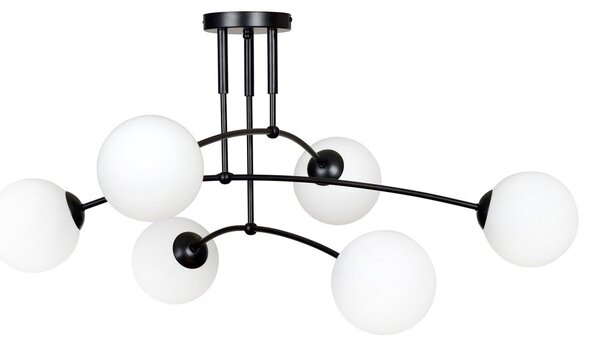 Stropní svítidlo PREGOS 6 – černé, bílé sklo, 6× E14, šířka 70 cm