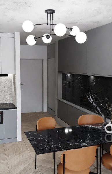 Stropní svítidlo PREGOS 6 – černé, bílé sklo, 6× E14, šířka 70 cm