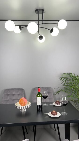 Stropní svítidlo PREGOS 6 – černé, bílé sklo, 6× E14, šířka 70 cm