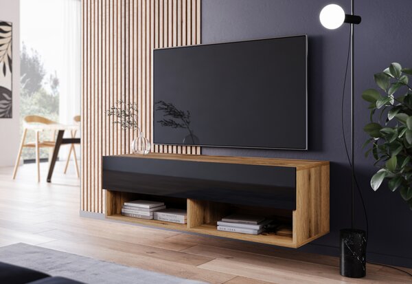 TV stolek LOWBOARD A 100, 100x30x32, dub Wotan/černá lesk, bez LED osvětlení