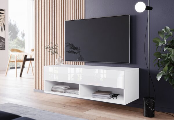 TV stolek LOWBOARD A 100, 100x30x32, bílá/bílá lesk, s LED osvětlením
