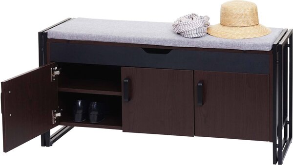 Komoda na boty se sezením HWC-A27, komoda lavice s poltáem, 53x110x30cm 3D konstrukce kov tmav hndá