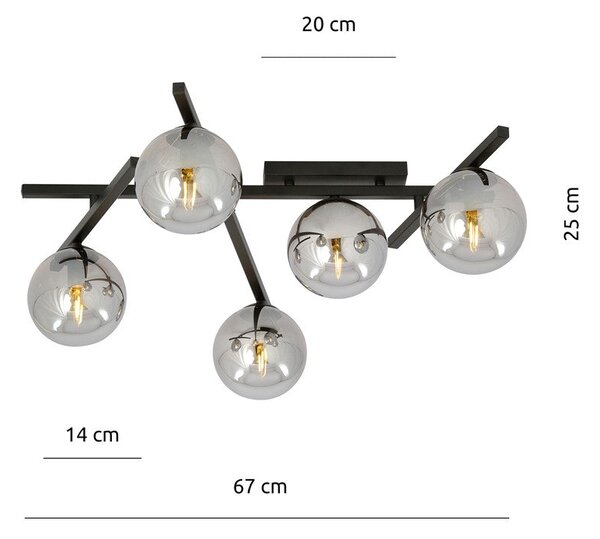Stropní svítidlo SMART 5 – černé, grafitové sklo, 5× E14, šířka 67 cm