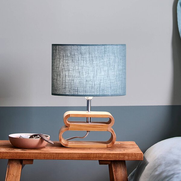 COREP Stolní lampa Oslo, petrolová/světlé dřevo, výška 30 cm, plátno/dřevo, Modrá, Obývací pokoj / jídelna, Dřevo, Skandinávský