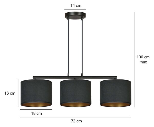 Závěsné svítidlo HILDE 3 – celočerné, textilní stínidla, 3× E27, šířka 72 cm