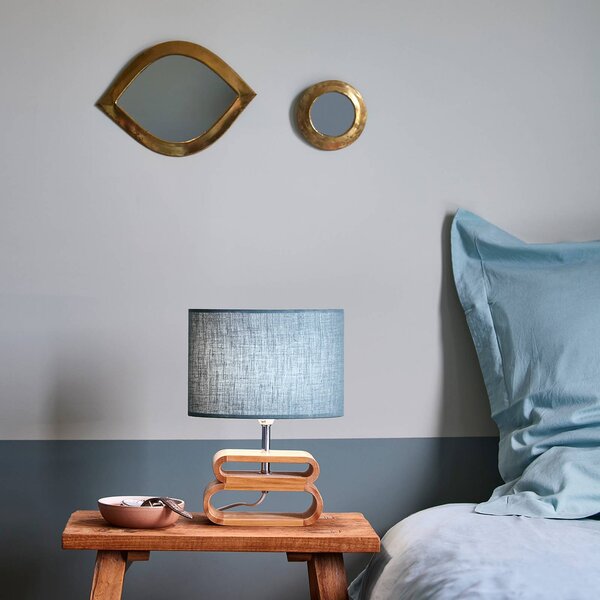 COREP Stolní lampa Oslo, petrolová/světlé dřevo, výška 30 cm, plátno/dřevo, Modrá, Obývací pokoj / jídelna, Dřevo, Skandinávský