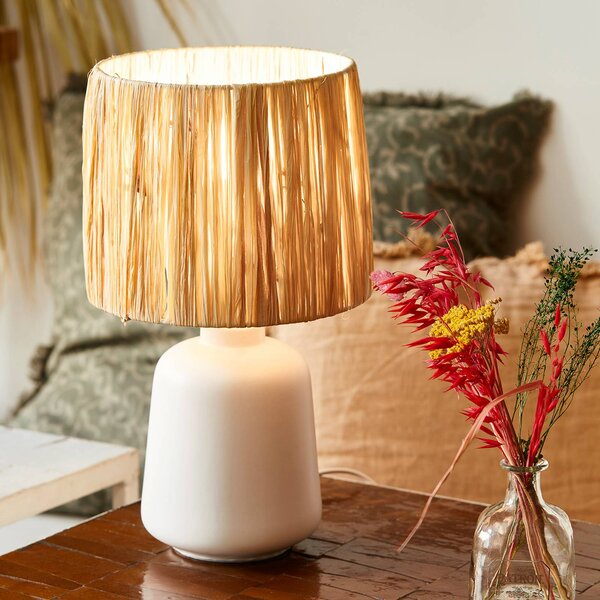 COREP Stolní lampa Paros, bílá/přírodní, výška 34 cm, rákos/keramika, Bílá / opál, Obývací pokoj / jídelna, Keramika