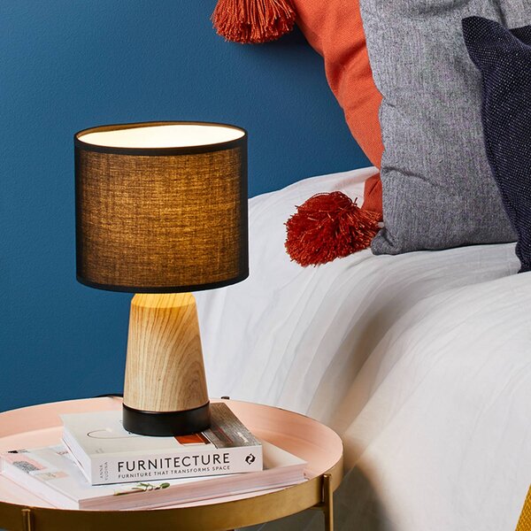 COREP Stolní lampa Baltik, černá/světlé dřevo, 33 cm, kov/bavlna, Světlé dřevo, Obývací pokoj / jídelna, kov