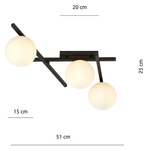Stropní svítidlo SMART 3 – černé, opálové sklo, 3× E14, šířka 51 cm