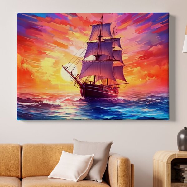 FeelHappy Obraz na plátně - Velká plachetnice na moři při západu slunce Velikost obrazu: 150 x 100 cm