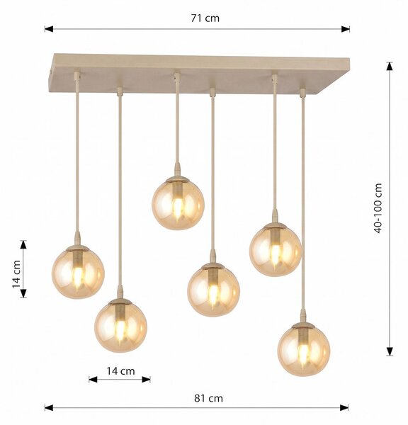 Závěsné svítidlo COSMO 6 – moka, jantarové sklo, 6× E14, šířka 81 cm
