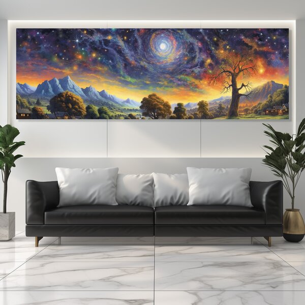 Obraz na plátně - Krajina s magickou noční oblohou FeelHappy.cz Velikost obrazu (šířka x výška): 90 x 30 cm