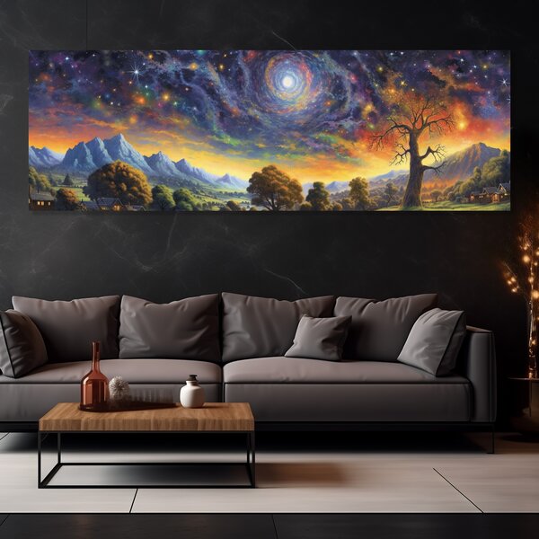 Obraz na plátně - Krajina s magickou noční oblohou FeelHappy.cz Velikost obrazu (šířka x výška): 90 x 30 cm