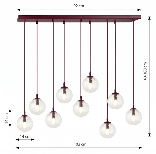 Závěsné svítidlo COSMO 9 – vínové, čiré sklo, 9× E14, šířka 102 cm