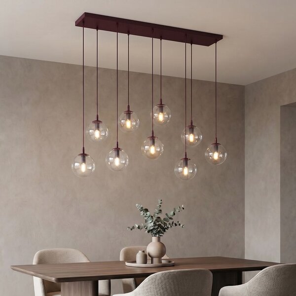 Závěsné svítidlo COSMO 9 – vínové, čiré sklo, 9× E14, šířka 102 cm