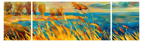 Obraz - Západající slunce nad jezerem, akrylová malba (170x50 cm)