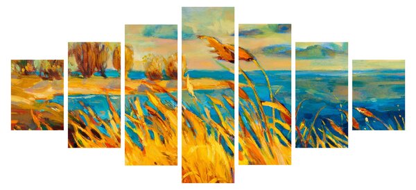 Obraz - Západající slunce nad jezerem, akrylová malba (210x100 cm)