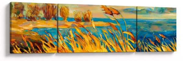 Obraz - Západající slunce nad jezerem, akrylová malba (170x50 cm)