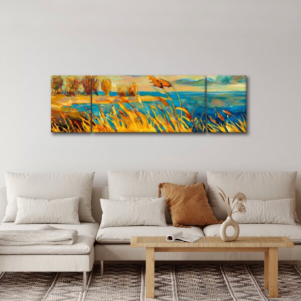Obraz - Západající slunce nad jezerem, akrylová malba (170x50 cm)