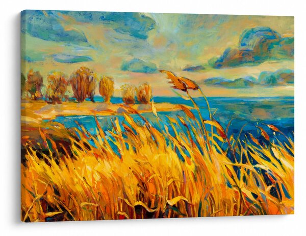 Obraz - Západající slunce nad jezerem, akrylová malba (70x50 cm)