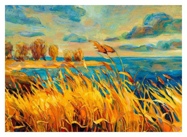 Obraz - Západající slunce nad jezerem, akrylová malba (70x50 cm)