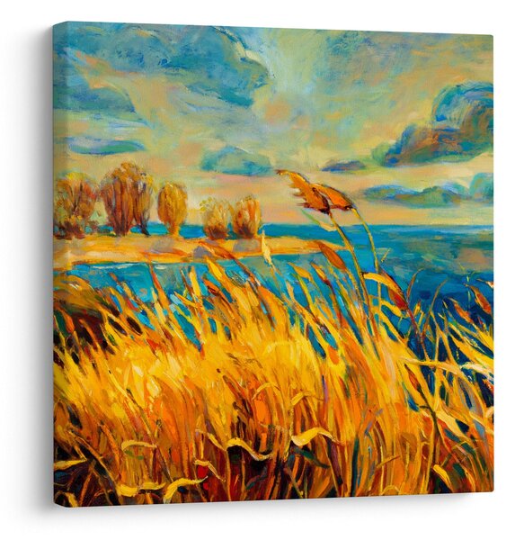 Obraz - Západající slunce nad jezerem, akrylová malba (30x30 cm)