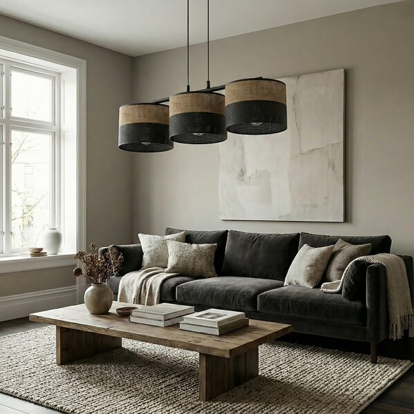 Závěsné svítidlo KARBON 3 – černé / hnědé, textilní stínidla, 3× E27, šířka 70 cm