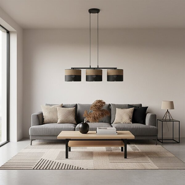 Závěsné svítidlo KARBON 3 – černé / hnědé, textilní stínidla, 3× E27, šířka 70 cm