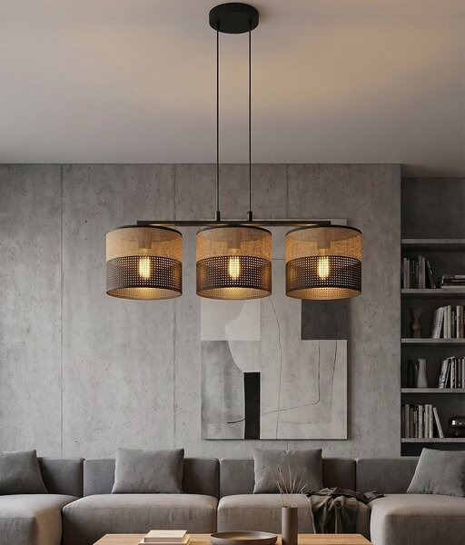 Závěsné svítidlo KARBON 3 – černé / hnědé, textilní stínidla, 3× E27, šířka 70 cm
