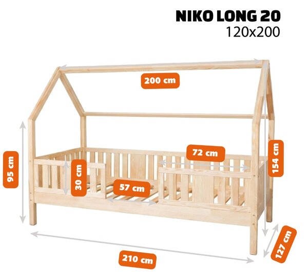Dětská domečková postel z masivu borovice NIKO L 20 - 200x120 cm