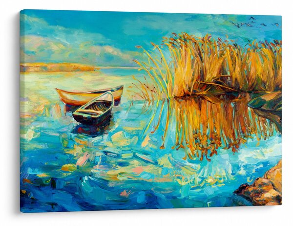 Obraz - Jezero s loďkami (70x50 cm)