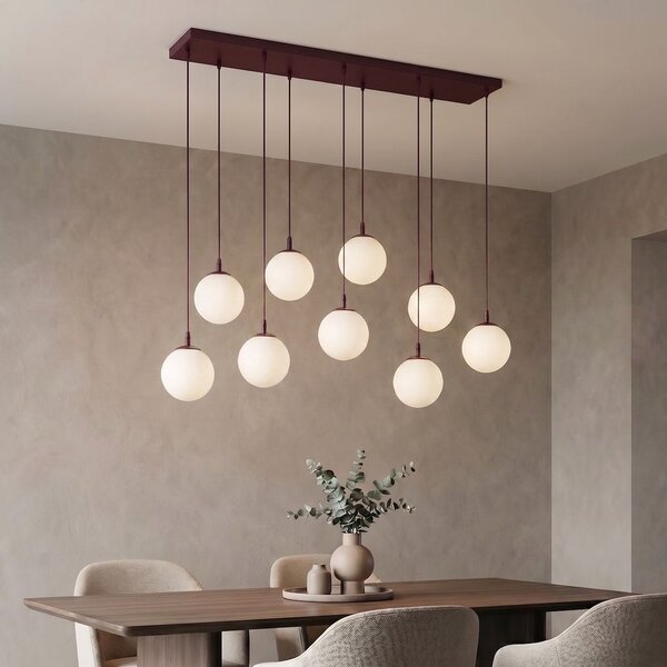 Závěsné svítidlo COSMO 9 – vínové, opálové sklo, 9× E14, šířka 102 cm