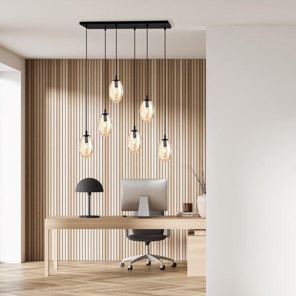 Závěsné svítidlo ASTRAL 6 – černé, jantarové sklo, 6× E14, šířka 65 cm