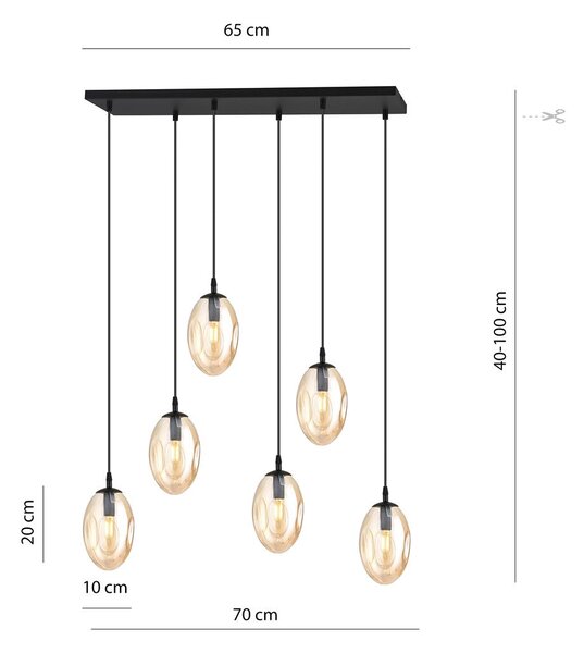 Závěsné svítidlo ASTRAL 6 – černé, jantarové sklo, 6× E14, šířka 65 cm