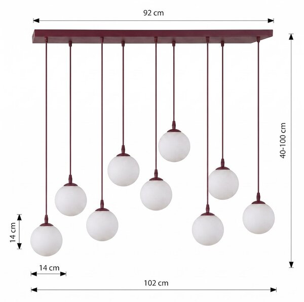 Závěsné svítidlo COSMO 9 – vínové, opálové sklo, 9× E14, šířka 102 cm