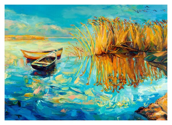 Obraz - Jezero s loďkami (70x50 cm)